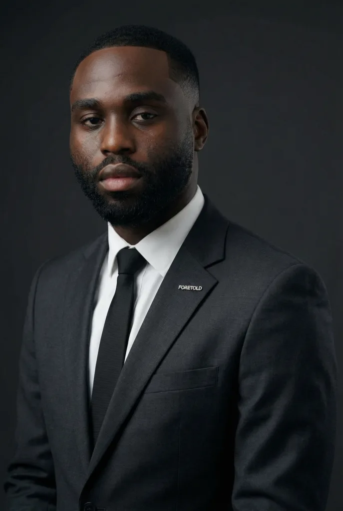 Portrait of author Gogo Daniels in a charcoal suit and black tie against a dark studio background.