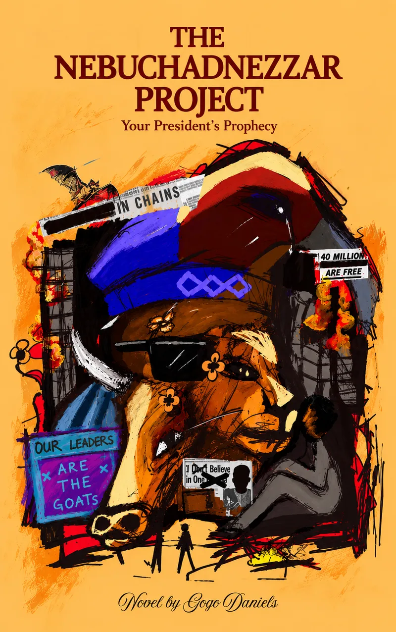 Cover of The Nebuchadnezzar Project: Your President's Prophecy by Gogo Daniels. A painted bull in sunglasses and a blue and maroon cap on a saffron ground, surrounded by newspaper scraps, protest signs and flames.