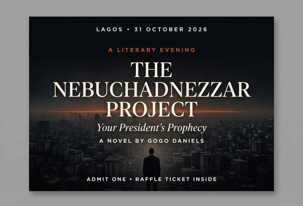 Invitation card for the launch: The Nebuchadnezzar Project, a literary evening, Lagos, 31 October 2026, over a dark Lagos skyline at dusk.